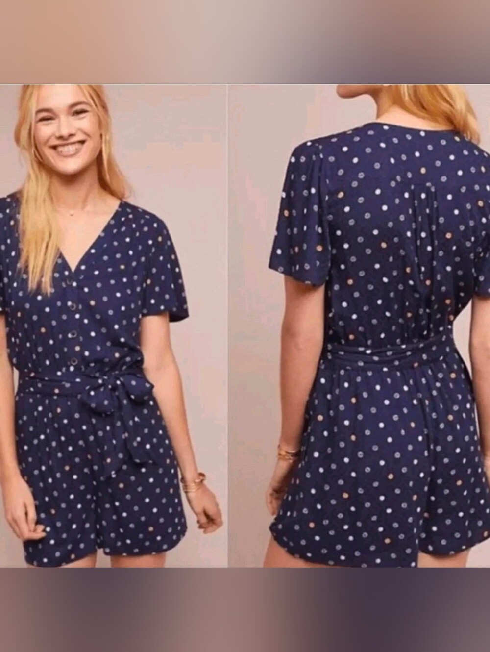 Ett:twa Anthropologie Women’s Polka Dot Button Front Belted Pocket Romper XS